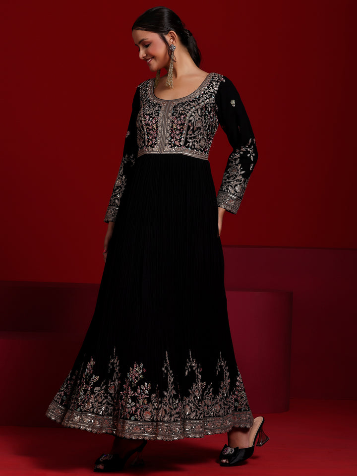 Libas Art Black Embroidered Georgette A-Line Kurta With Trousers & Dupatta