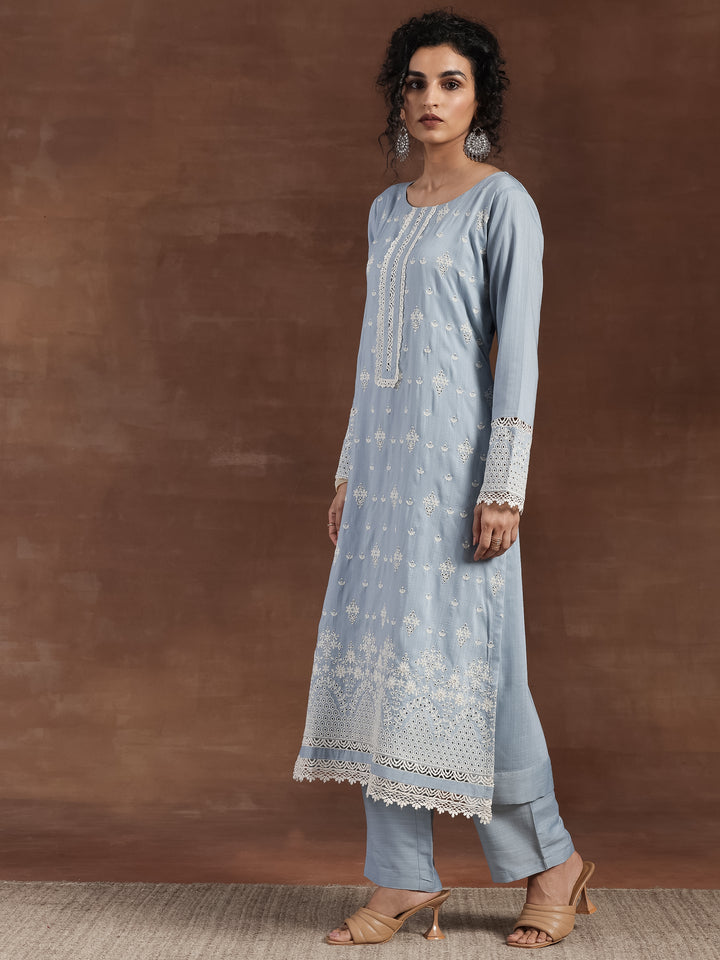 Blue Embroidered Silk Blend Straight Suit With Dupatta