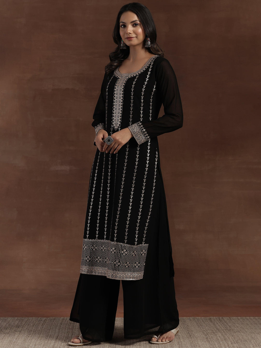 Black Embroidered Georgette Straight Suit With Dupatta