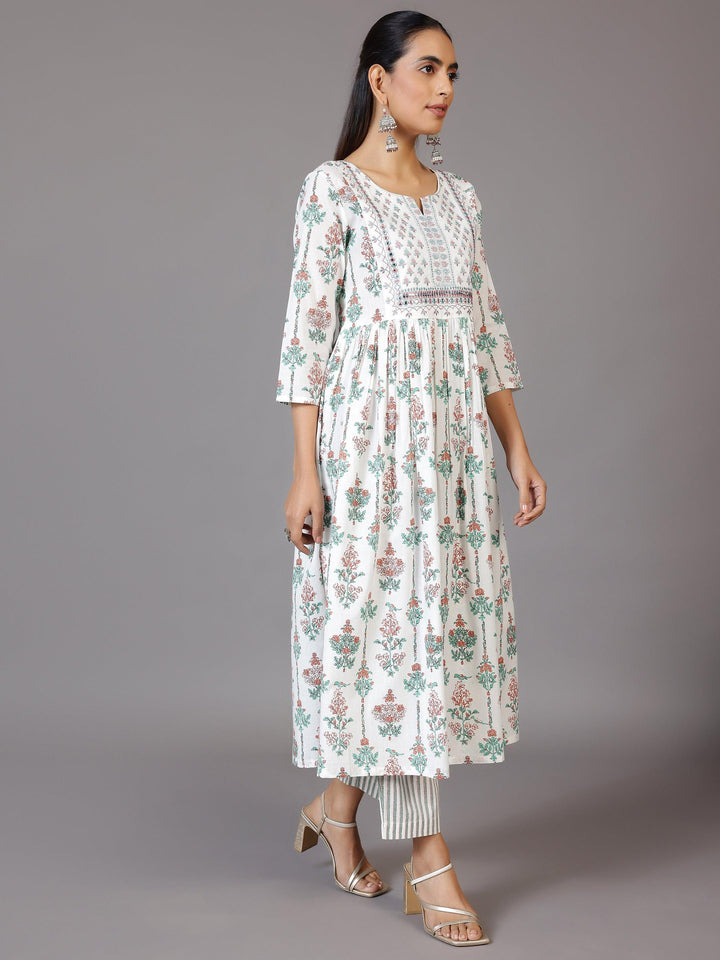 Off White Printed Cotton Anarkali Suit With Dupatta