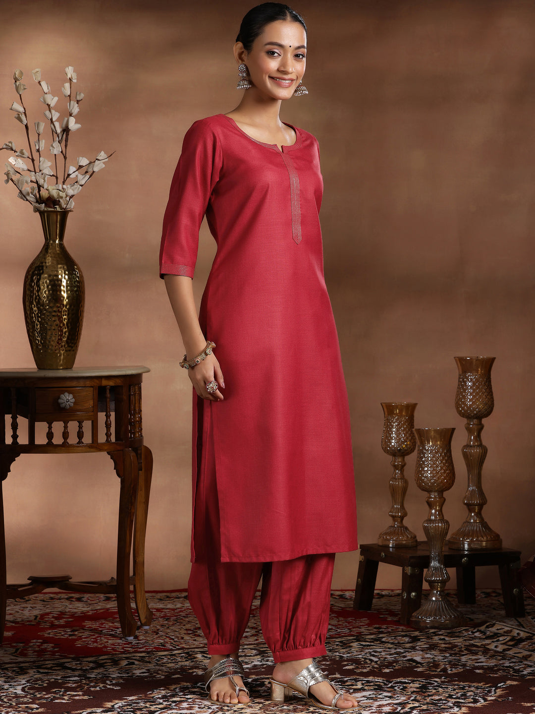 Maroon Solid Cotton Blend Straight Suit With Dupatta