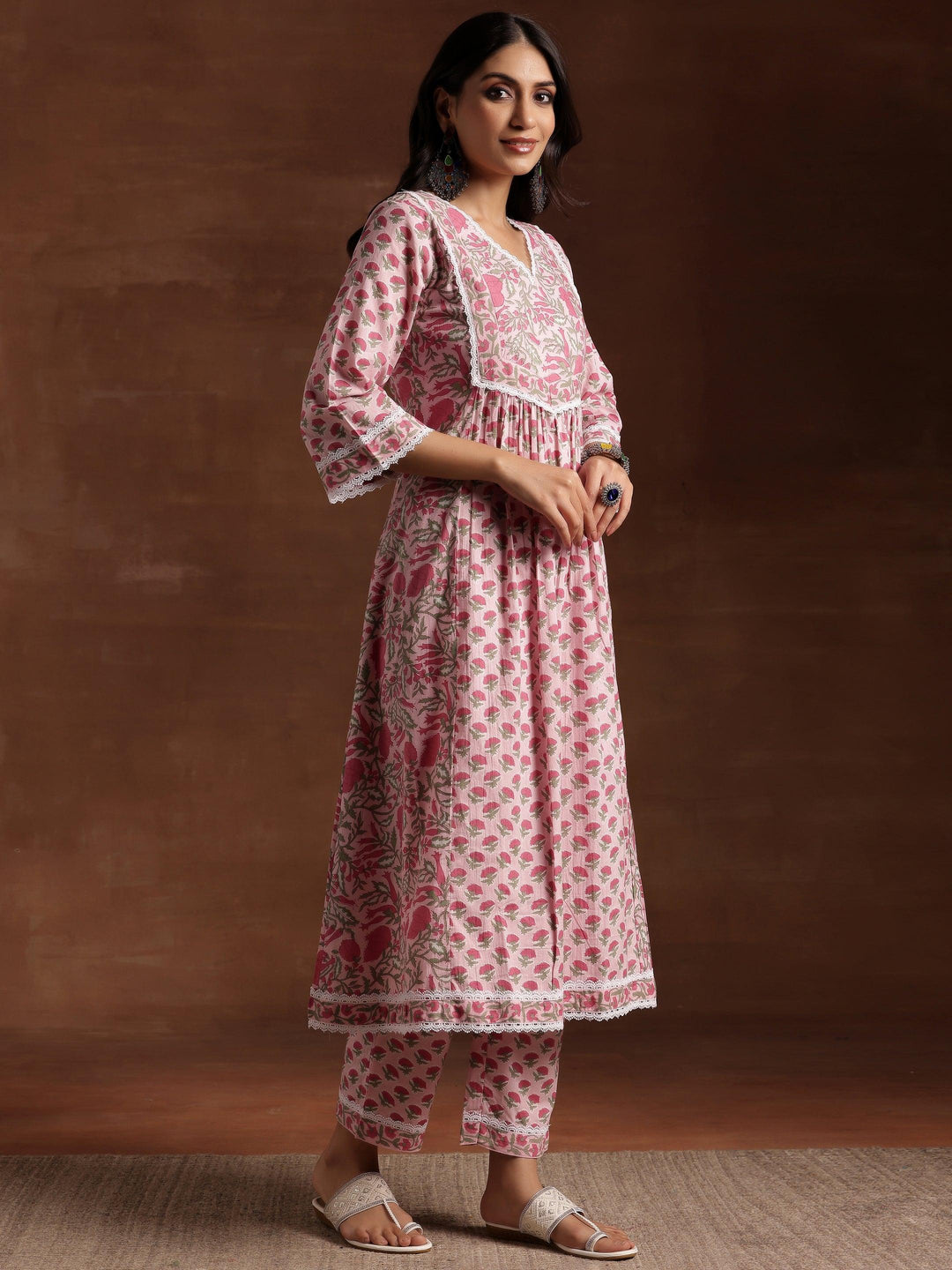 Pink Printed Cotton A-Line Kurta With Palazzos