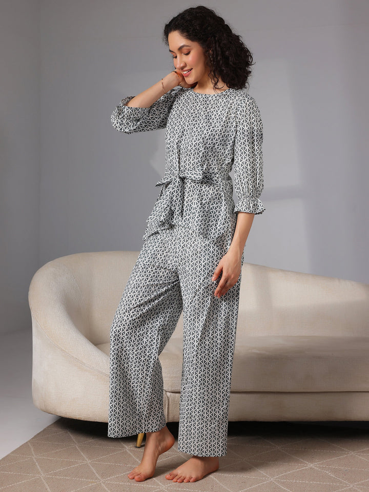 Grey Printed Cotton Night Suits