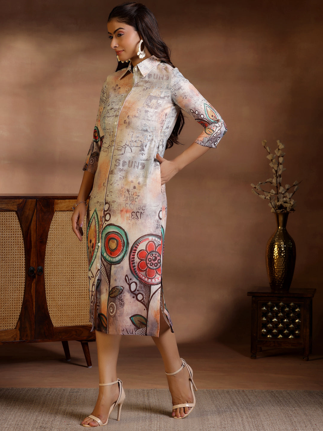 Off White Printed Cotton Blend A-Line Dress