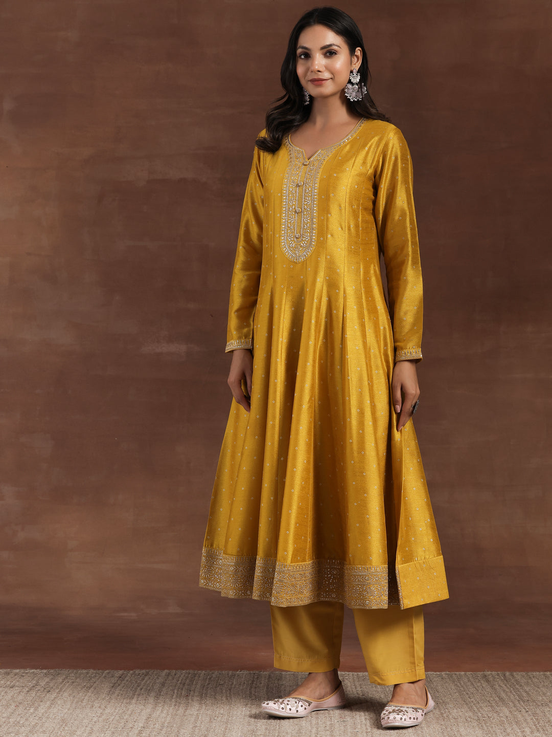 Mustard Embroidered Silk Blend A-Line Kurta With Palazzos & Dupatta