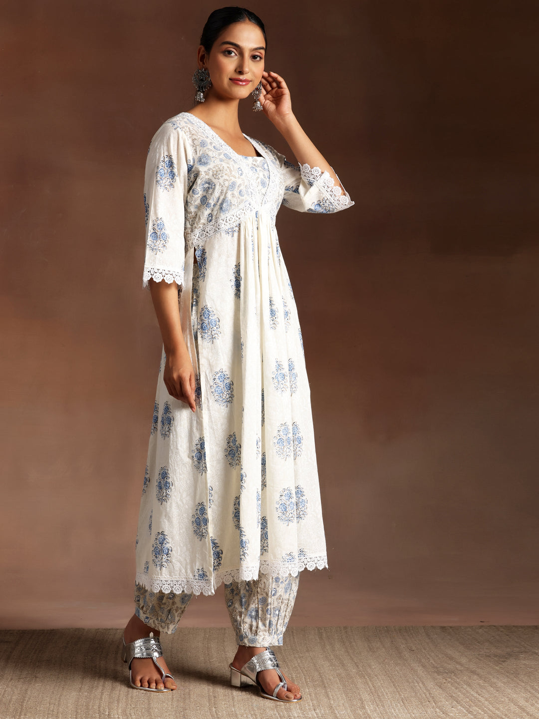 Falak White Printed Cotton A-Line Kurta With Salwar & Dupatta