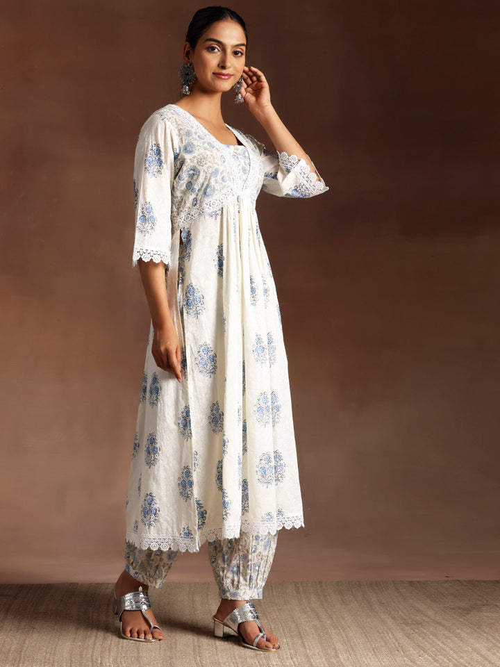 Falak White Printed Cotton A-Line Kurta With Salwar & Dupatta