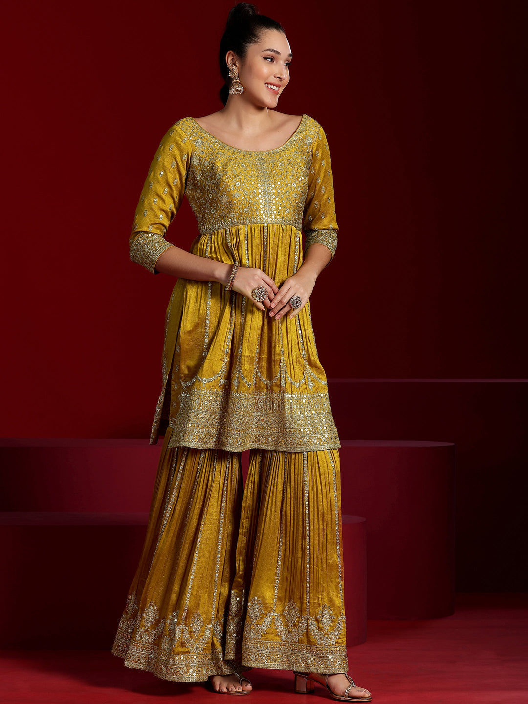 Libas Art Mustard Embroidered Silk Blend Straight Suit With Dupatta
