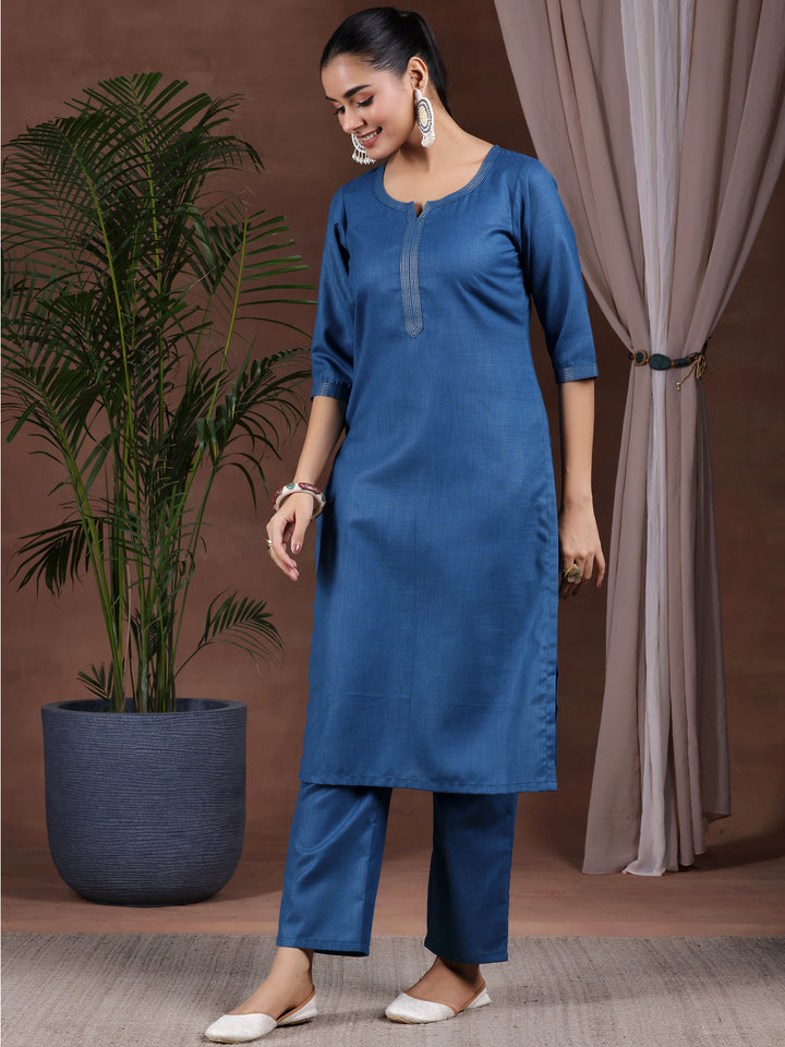 Navy Blue Solid Cotton Blend Straight Suit With Dupatta