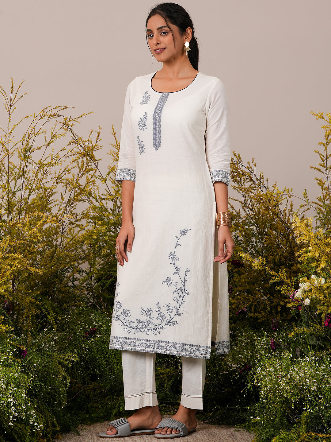 Off White Woven Design Cotton Straight Suit With Dupatta