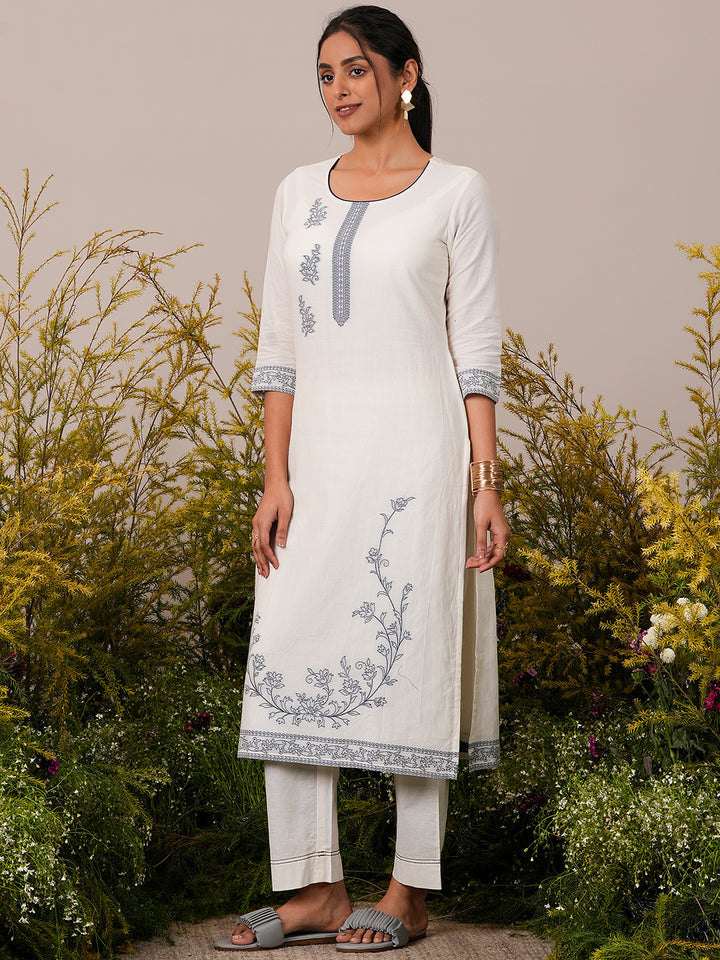 Off White Woven Design Cotton Straight Suit With Dupatta