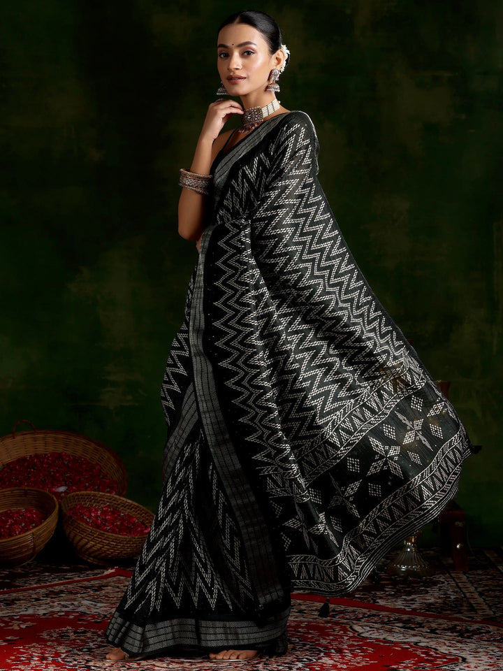 Black Printed Silk Blend Saree With Unstitched Blouse Piece
