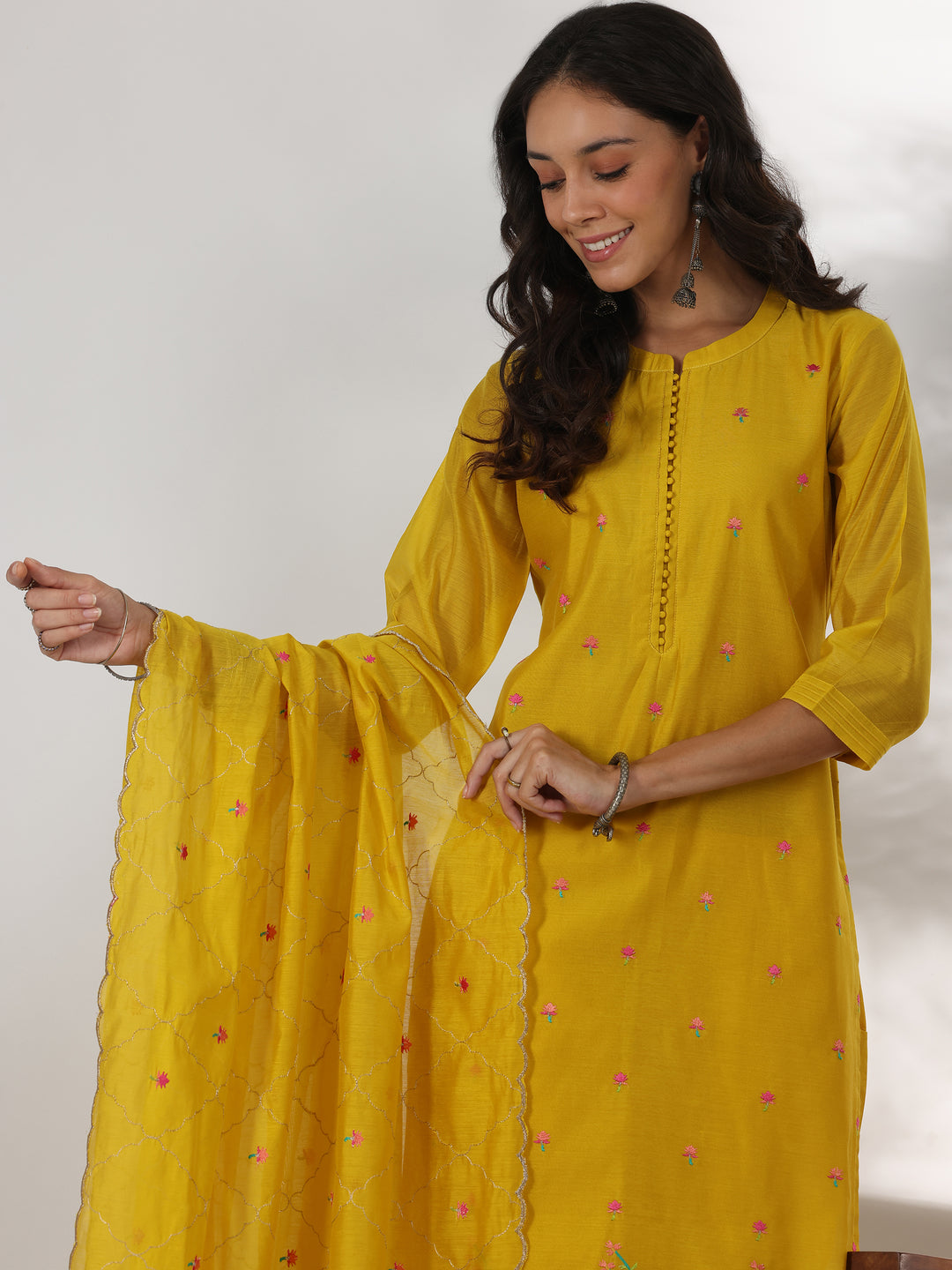 Yellow Embroidered Chanderi Silk Straight Suit With Dupatta