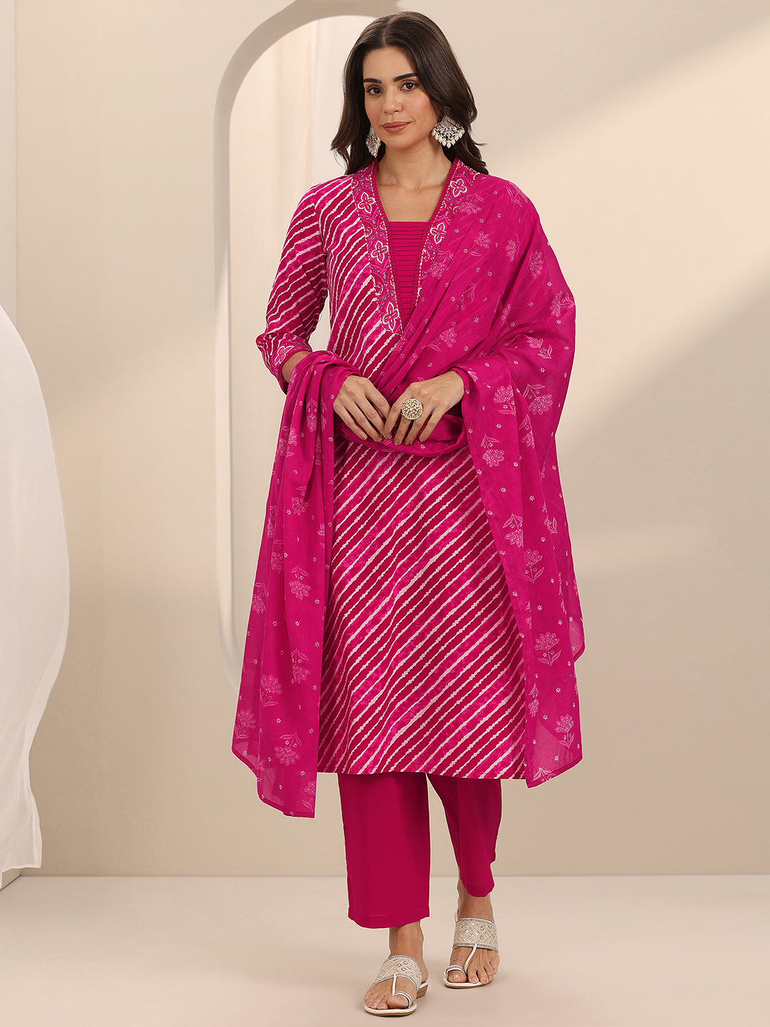 Pink Printed Cotton Straight Suit Set With Dupatta