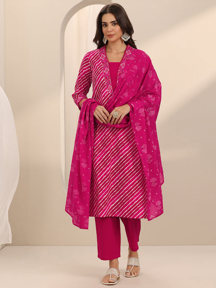 Pink Printed Cotton Straight Suit Set With Dupatta