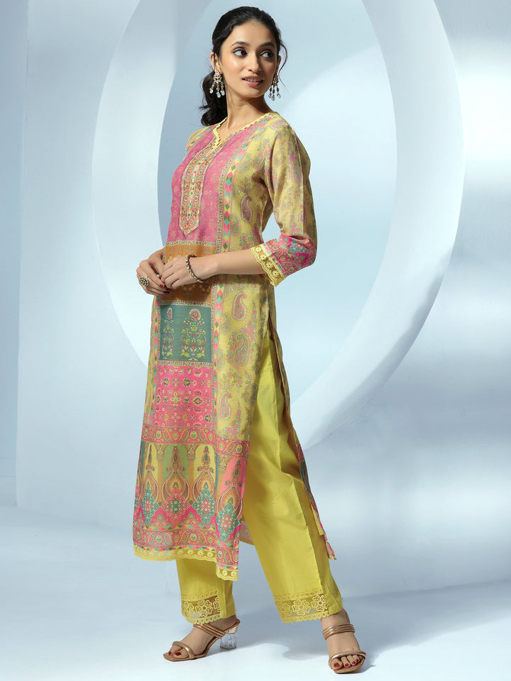 Yellow Printed Cotton Blend Straight Suit With Dupatta