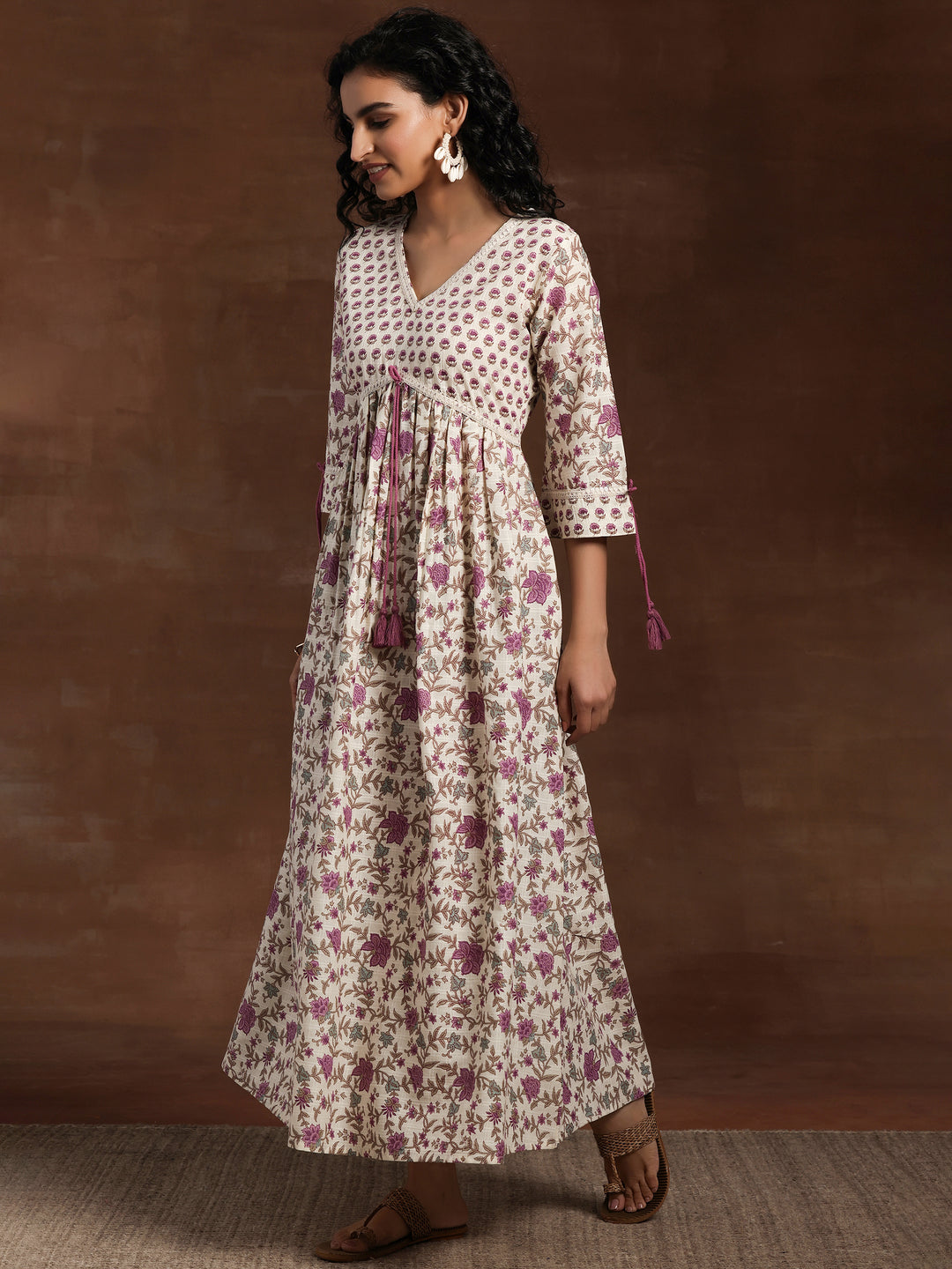 Off White Printed Cotton Fit and Flare Dress