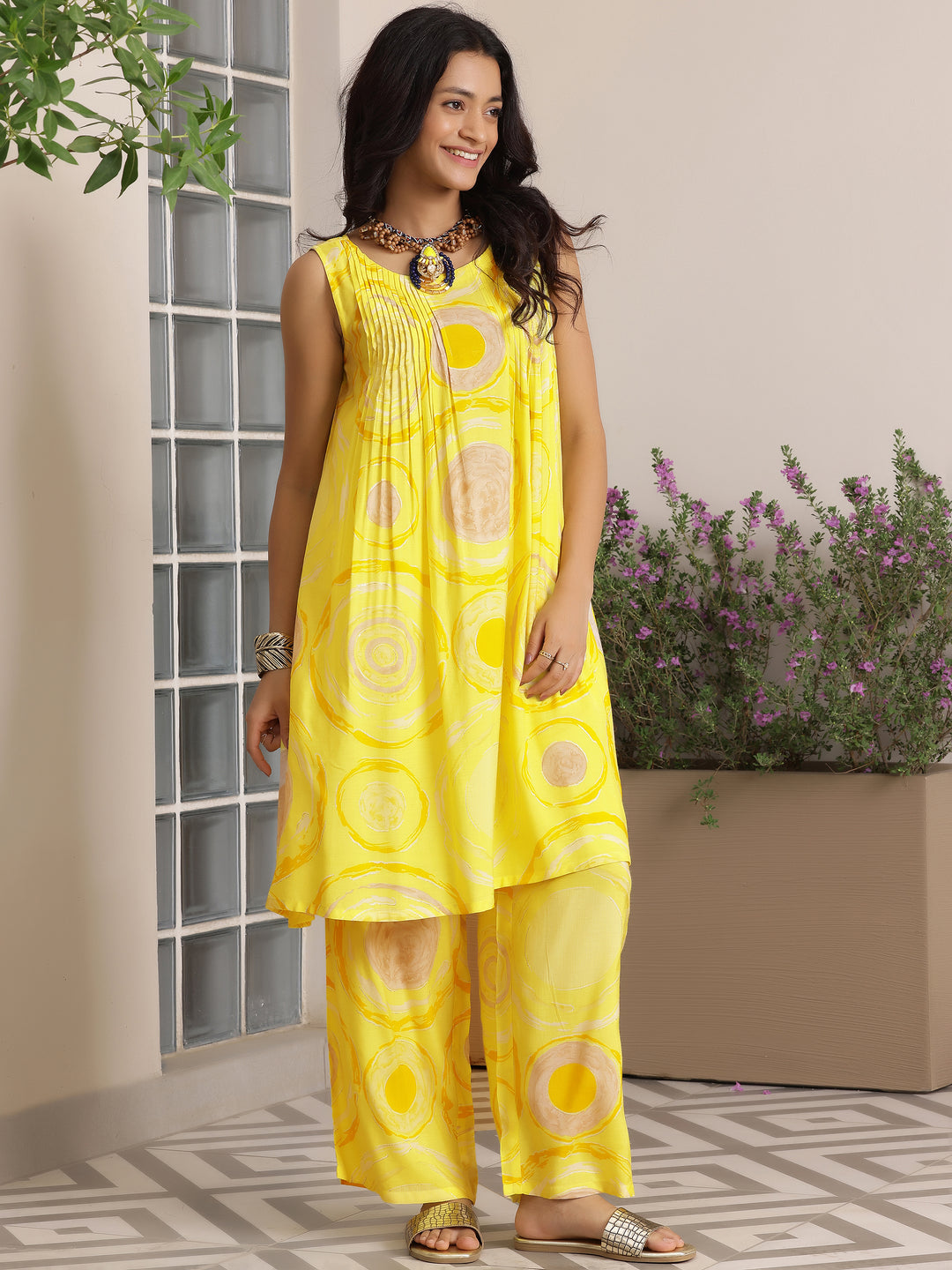 Yellow Printed Silk Blend Co-Ords