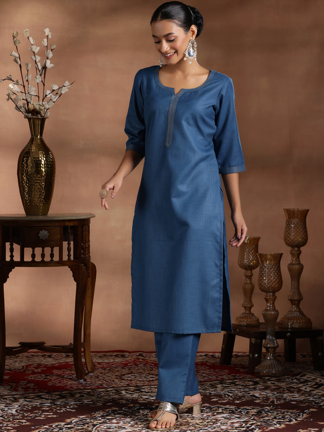 Teal Solid Cotton Blend Straight Suit With Dupatta