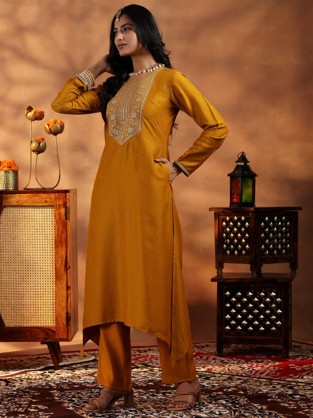 Mustard Embroidered Silk Blend Straight Suit With Dupatta