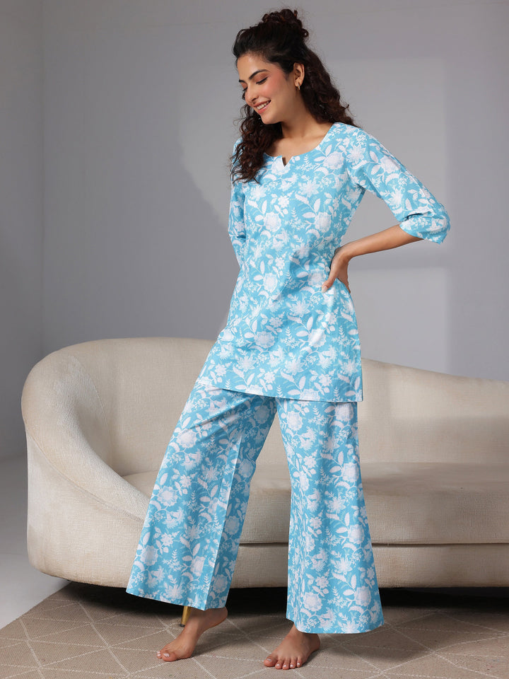 Blue Printed Cotton Night Suits