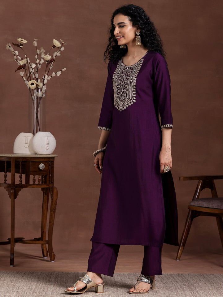 Wine Yoke Design Silk Blend Straight Suit With Dupatta