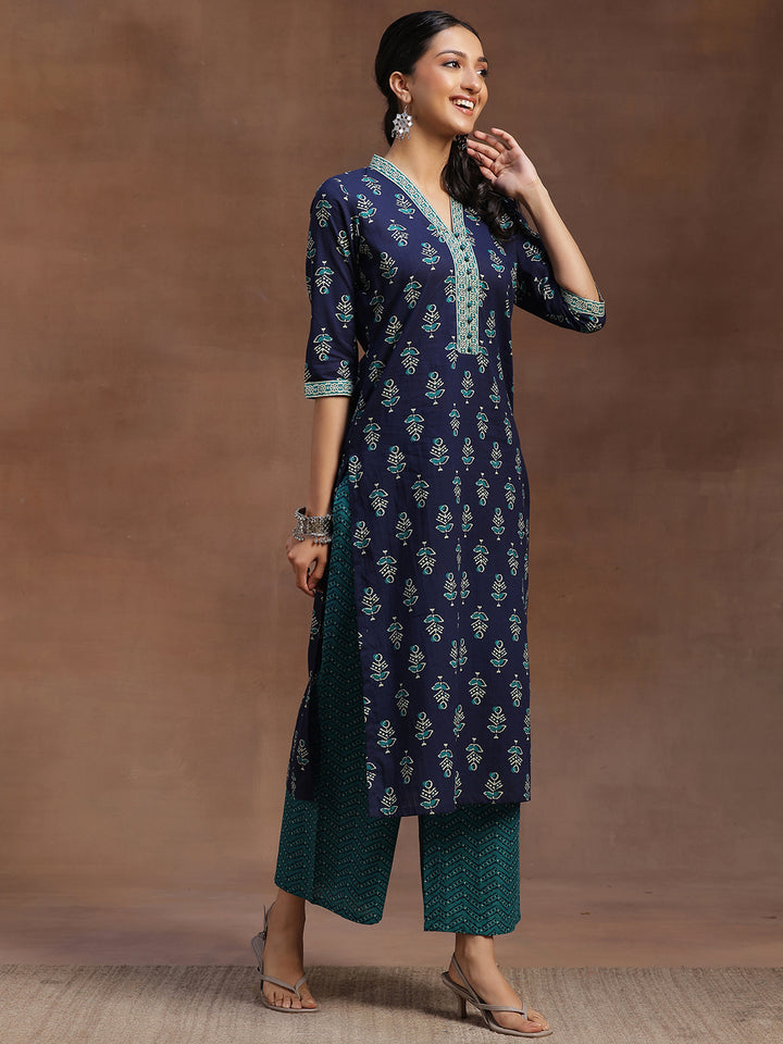 Blue Printed Cotton Straight Suit With Dupatta