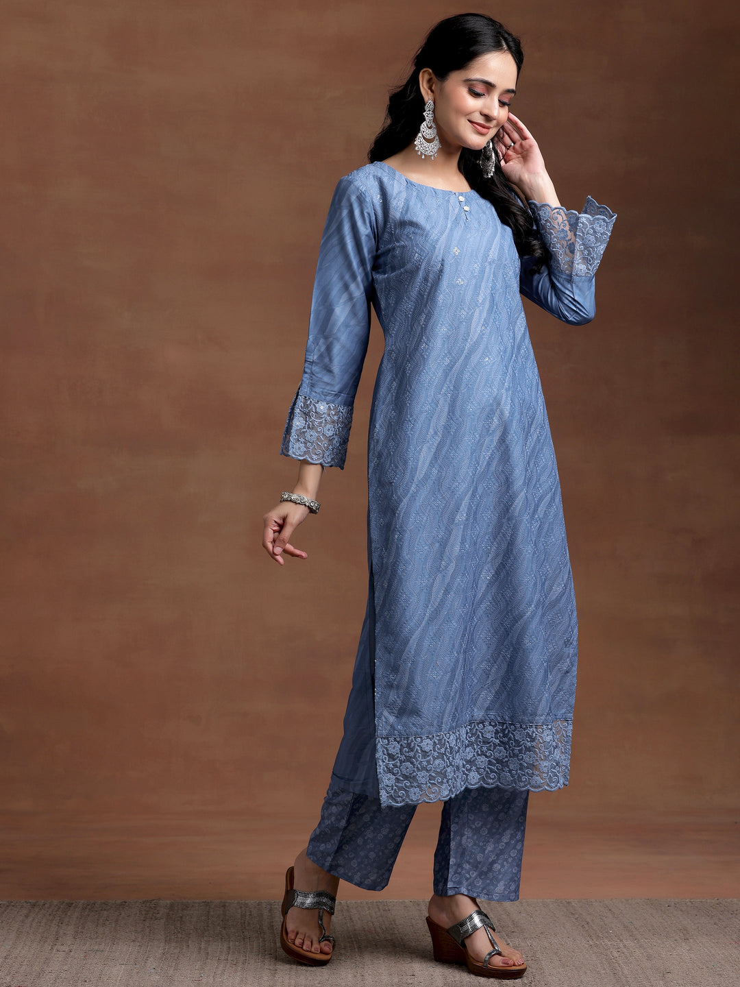 Blue Embroidered Silk Blend Straight Suit With Dupatta