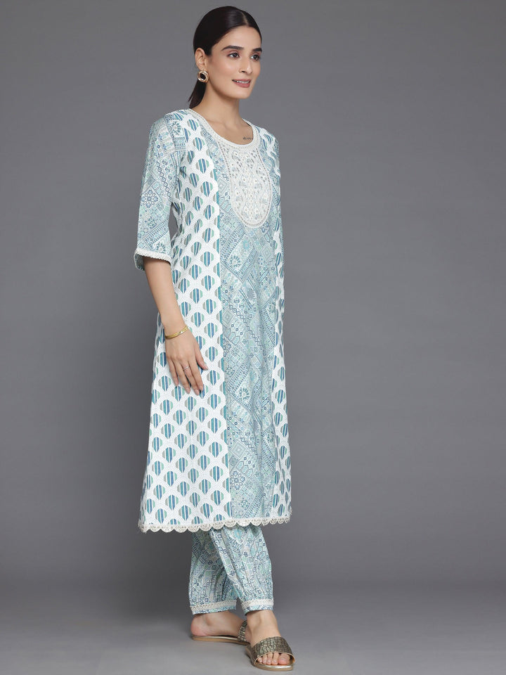 Blue Printed Silk Blend A-Line Kurta With Salwar
