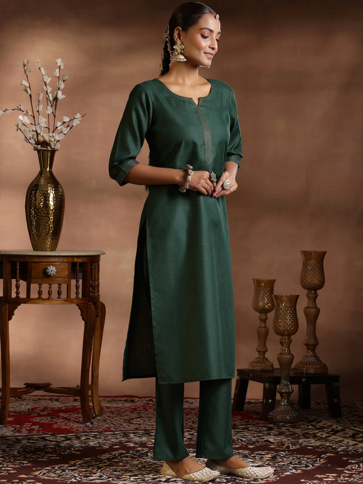 Green Solid Cotton Blend Straight Suit With Dupatta