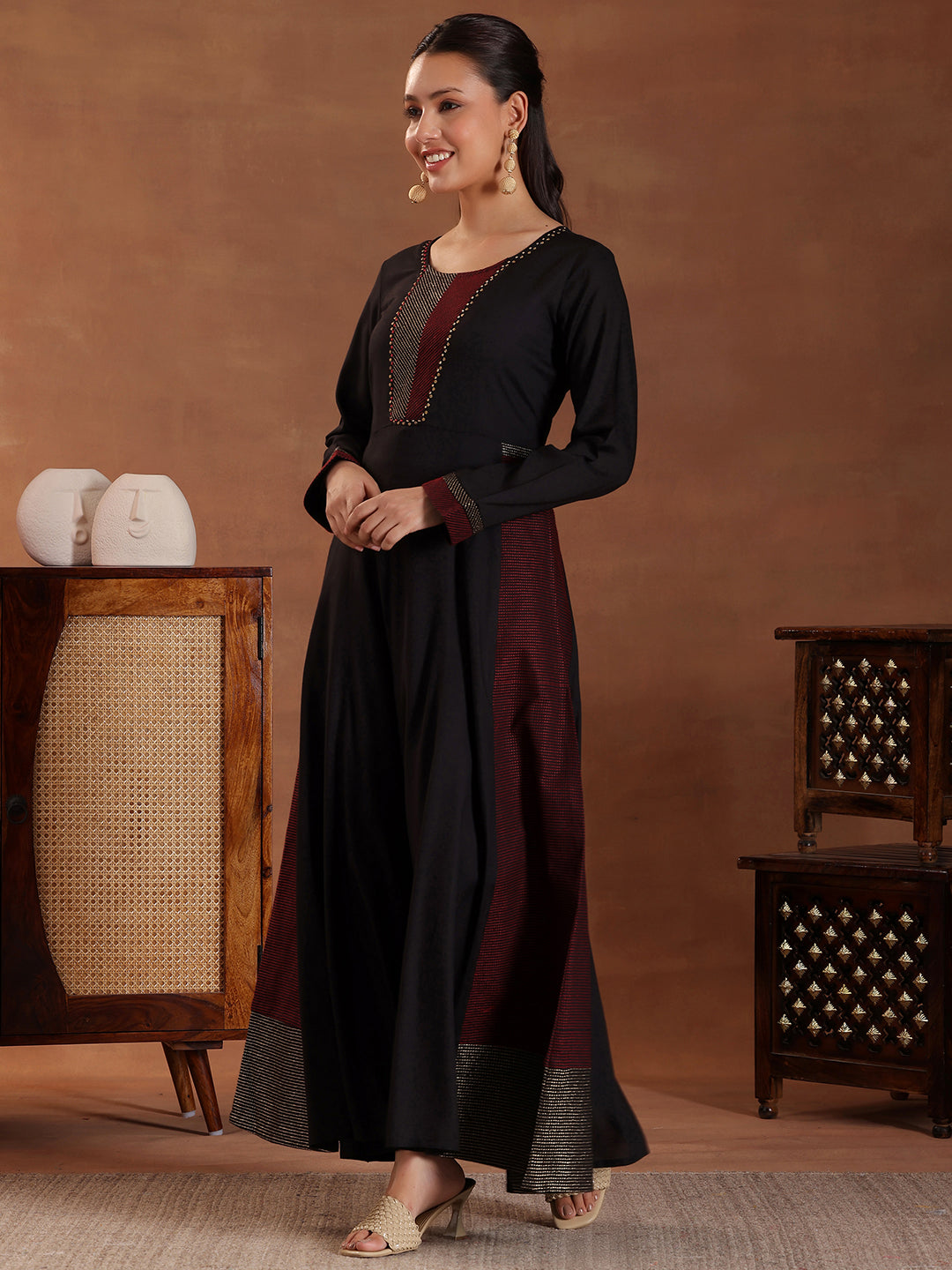 Black Self Design Pure Viscose Rayon A-Line Kurta Set