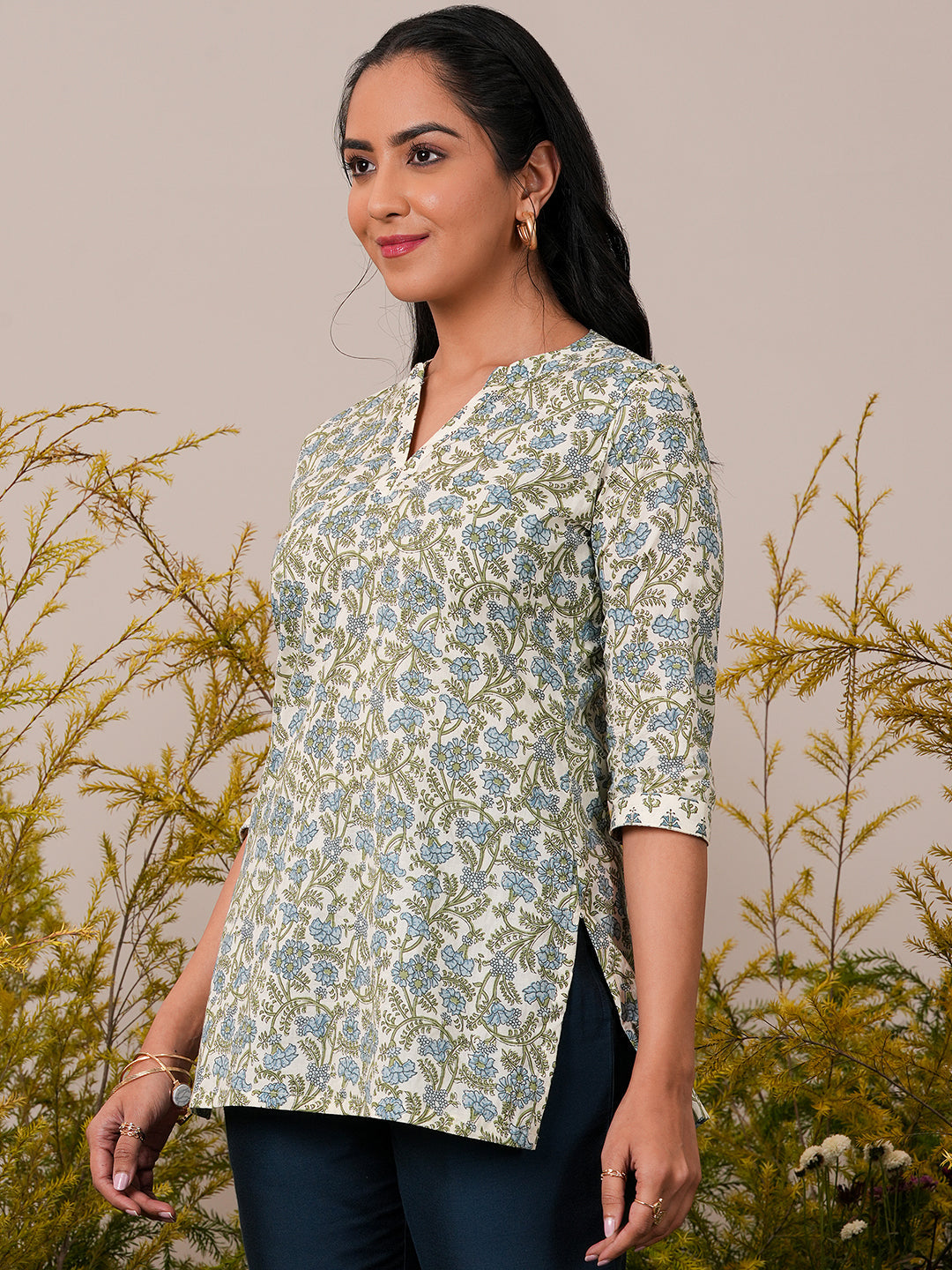 Off White Printed Cotton Straight Kurti - ShopLibas