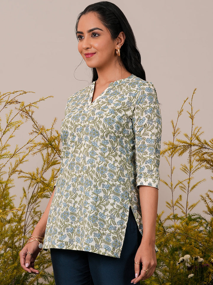 Off White Printed Cotton Straight Kurti