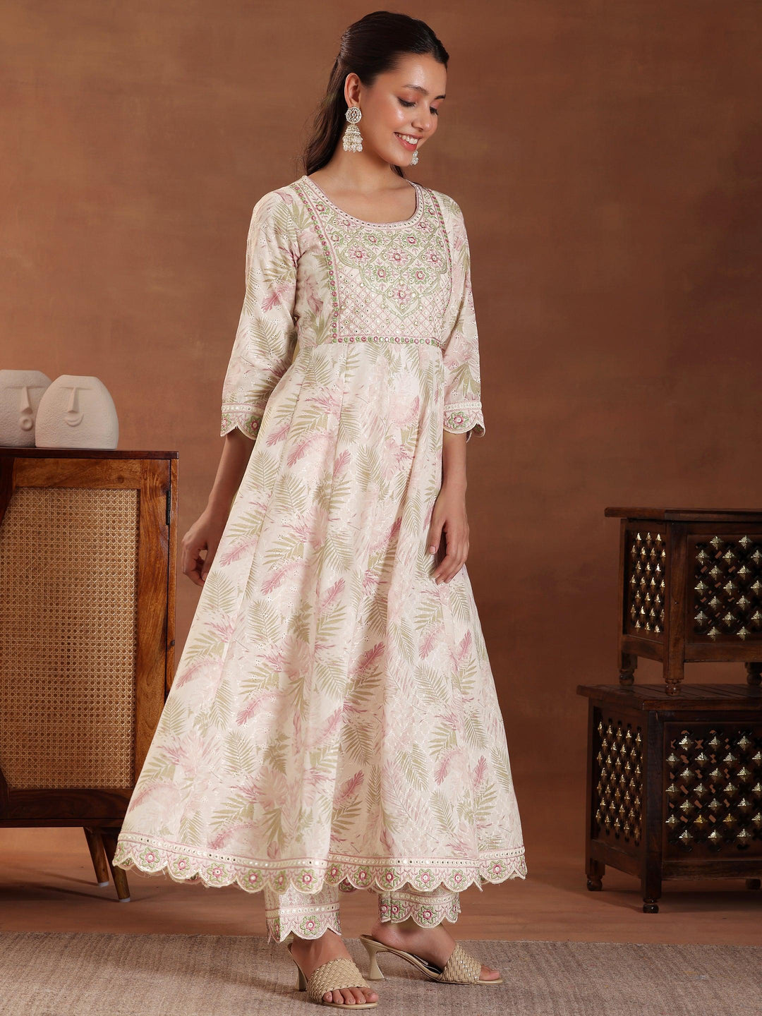 Pink Embroidered Pure Cotton A-line Kurta With Trousers & Dupatta