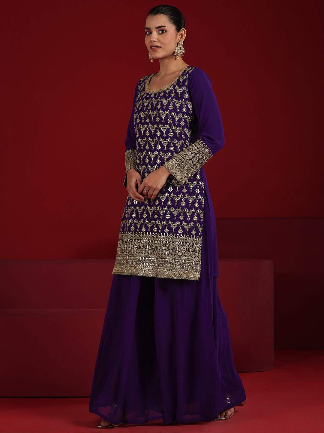 Libas Art Purple Embroidered Georgette Straight Suit Set With Dupatta