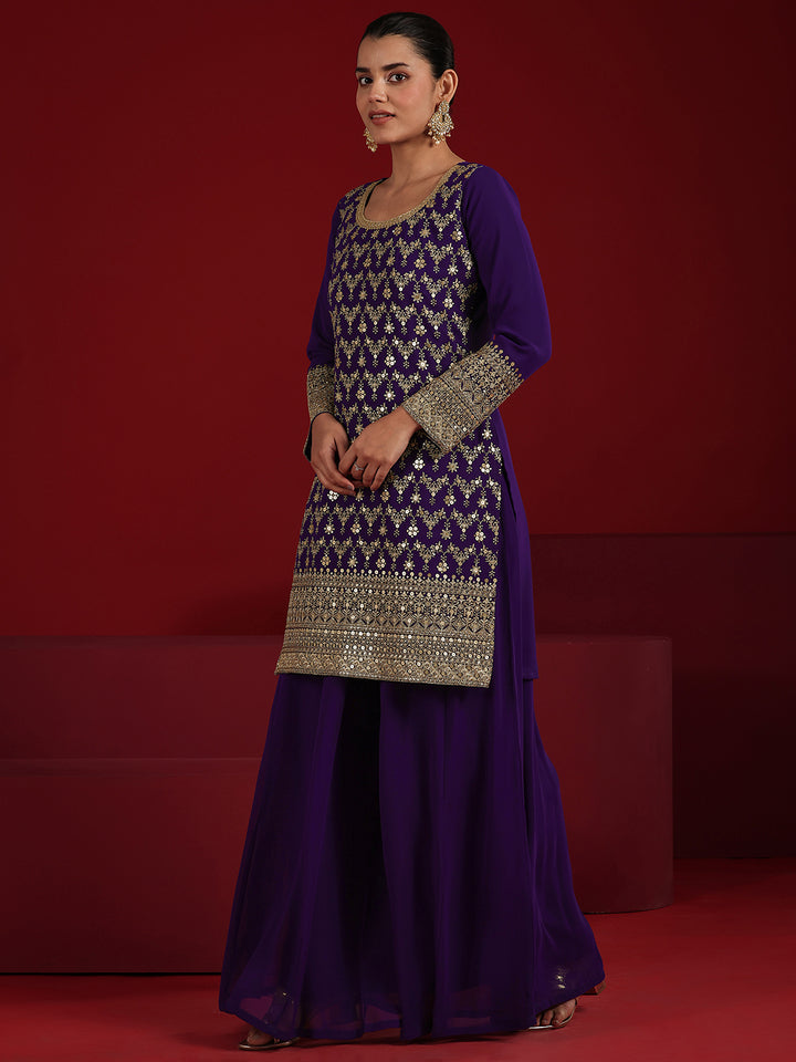 Libas Art Purple Embroidered Georgette Straight Suit Set With Dupatta