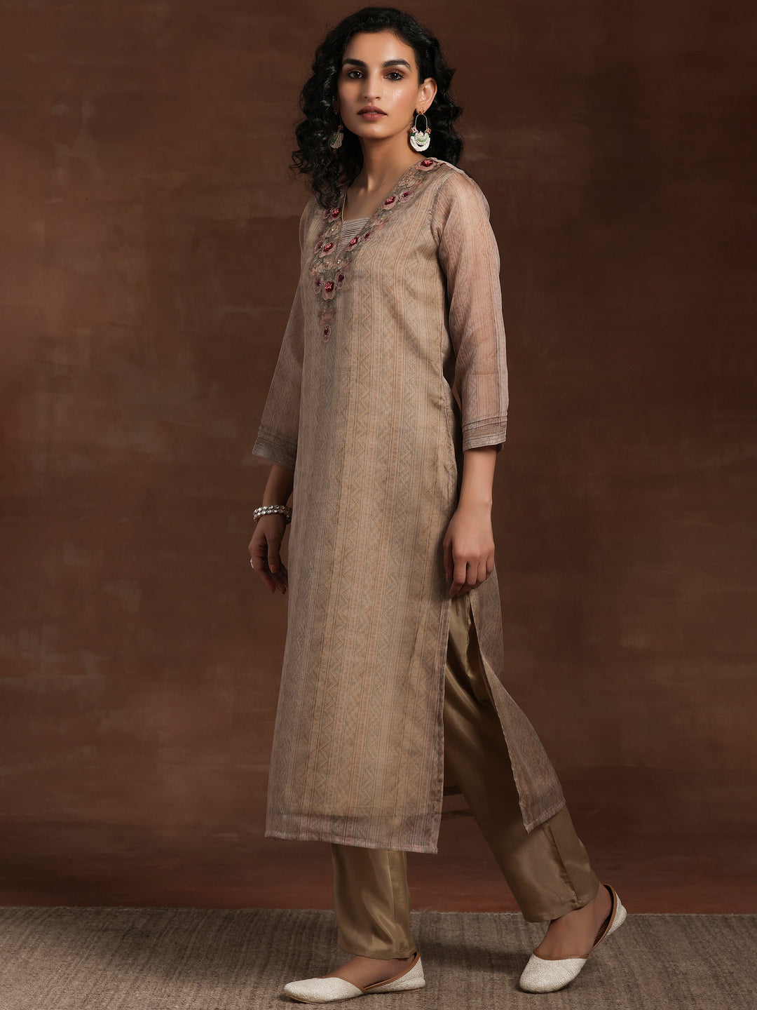 Tan Printed Organza Straight Suit With Dupatta