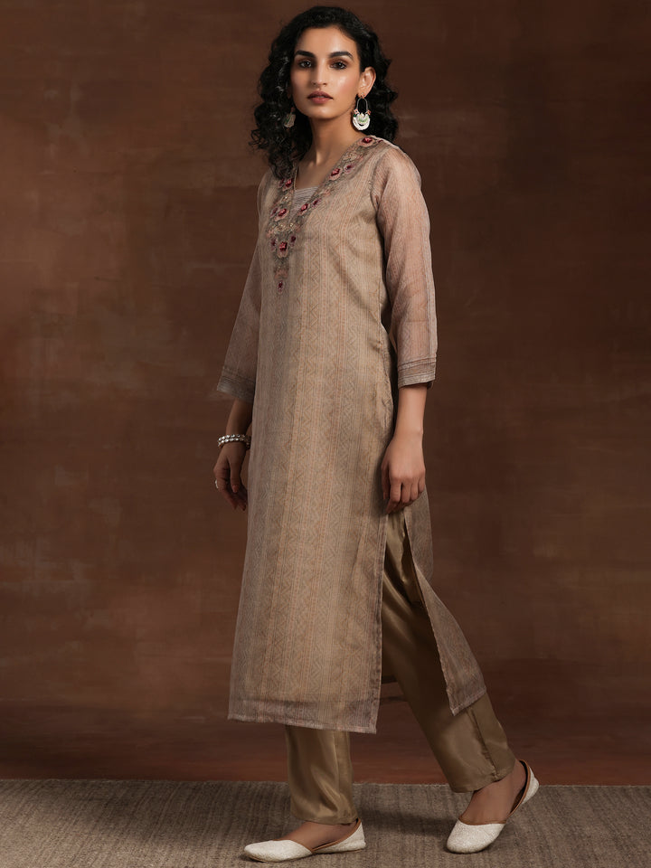 Tan Printed Organza Straight Suit With Dupatta