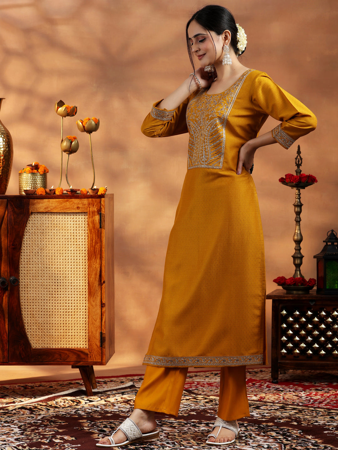 Mustard Embroidered Silk Blend A-Line Kurta With Trousers & Dupatta