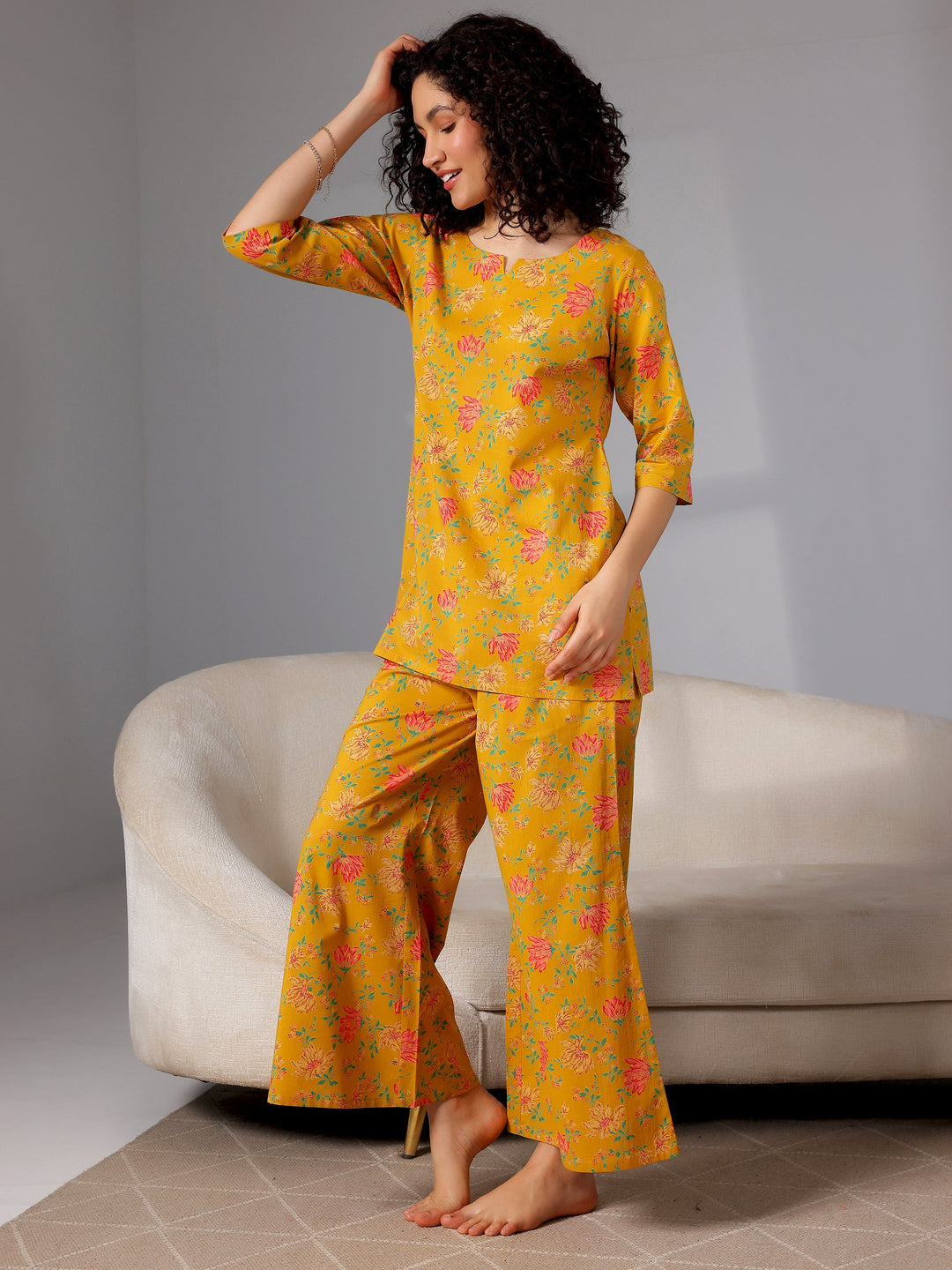 Mustard Printed Cotton Night Suits