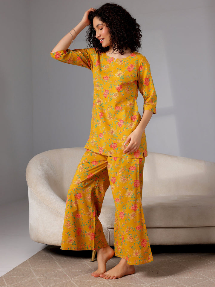 Mustard Printed Cotton Night Suits