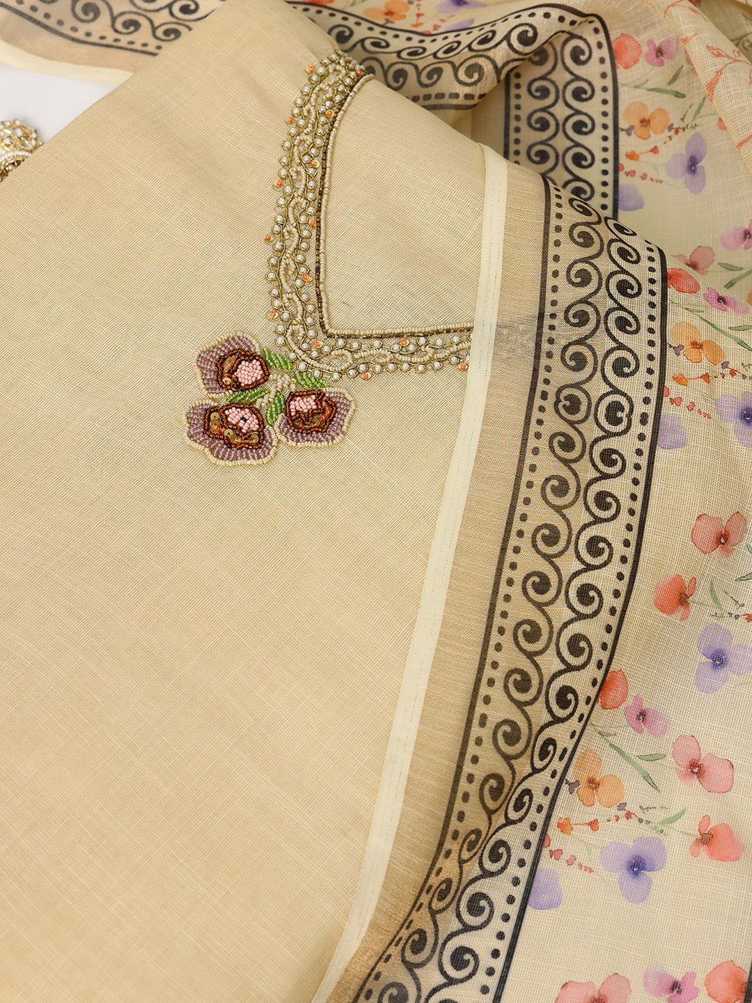 Beige Printed Cotton Blend Dress Material With Dupatta
