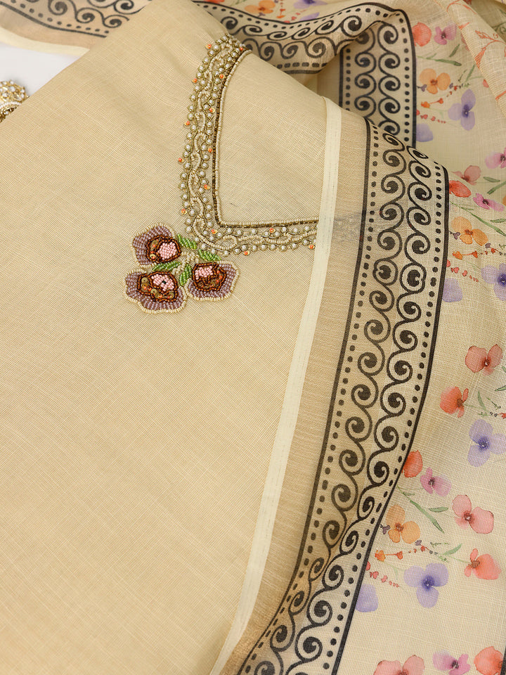 Beige Printed Cotton Blend Dress Material With Dupatta