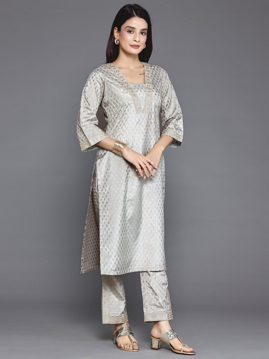 Grey Printed Silk Blend Straight Kurta Set
