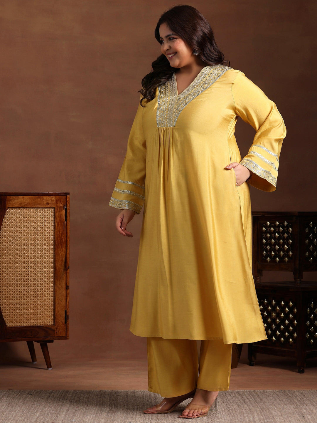 Plus Size Yellow Yoke Design Silk Blend A-Line Kurta With Trousers