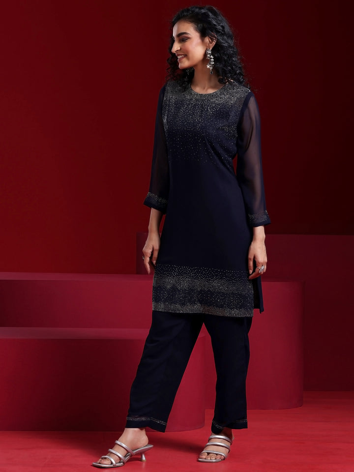 Libas Art Blue Solid Georgette Straight Suit With Dupatta