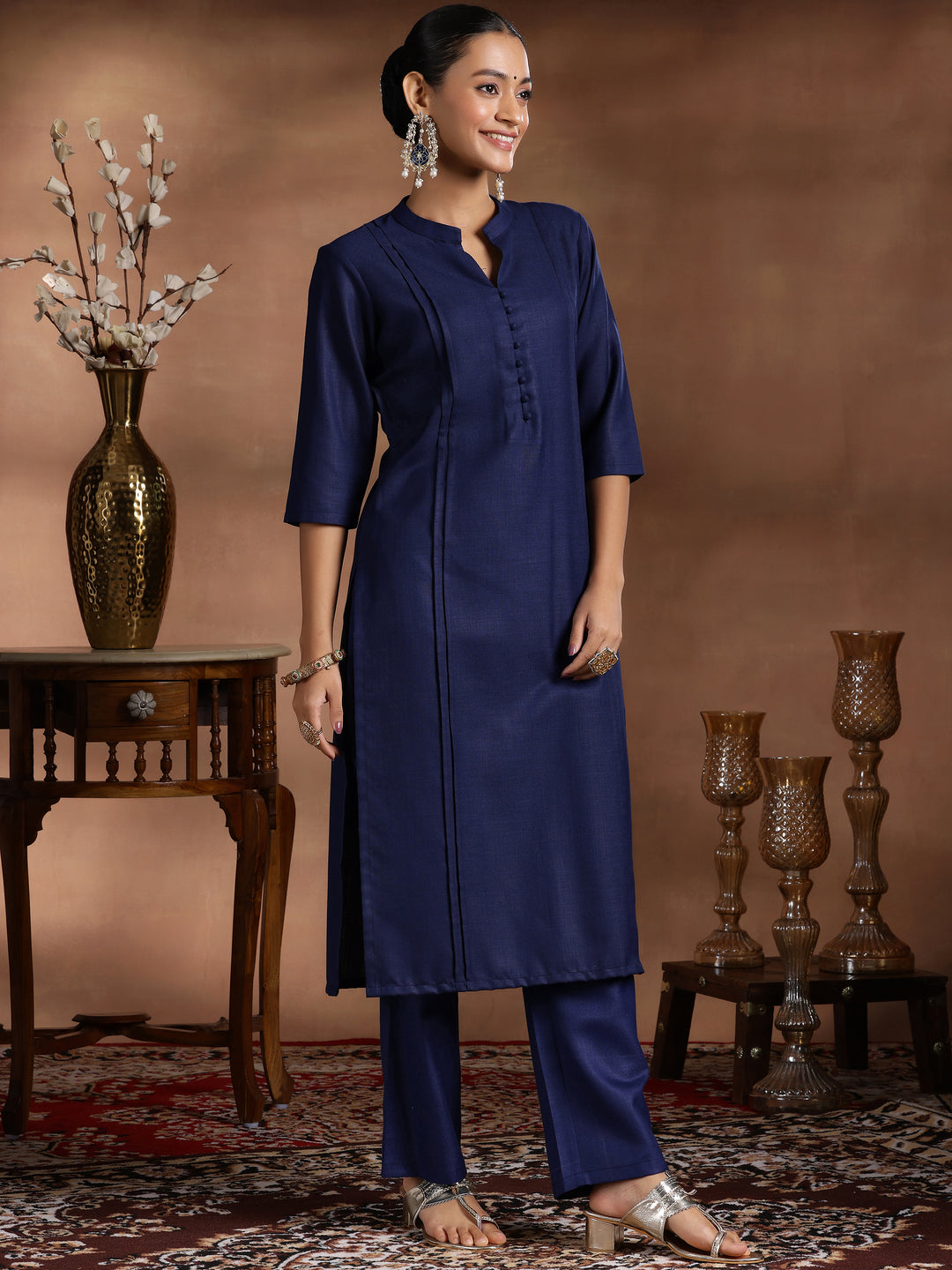 Navy Blue Solid Cotton Blend Straight Suit With Dupatta