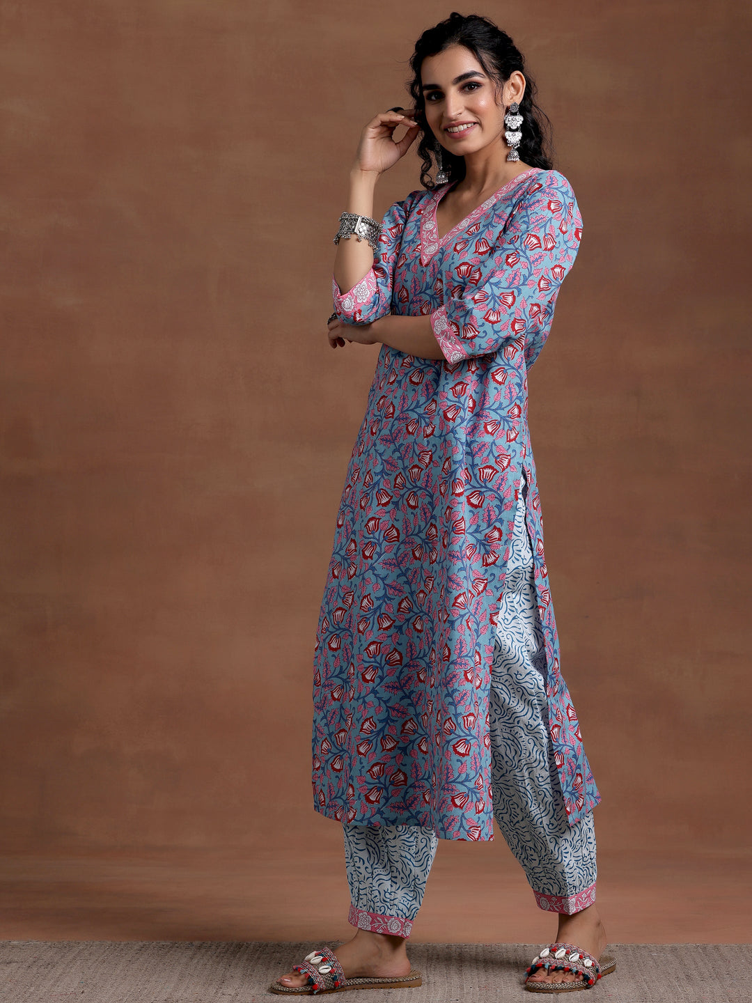 Blue Printed Cotton Straight Suit With Dupatta