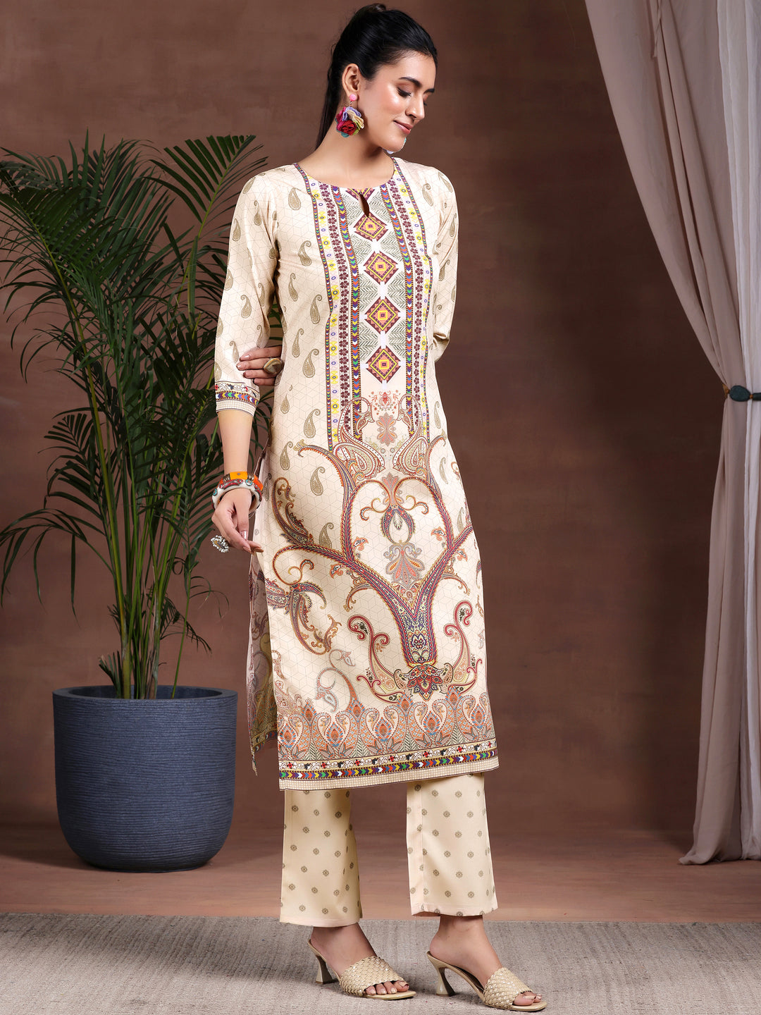 Beige Printed Poly Crepe Straight Kurta Set
