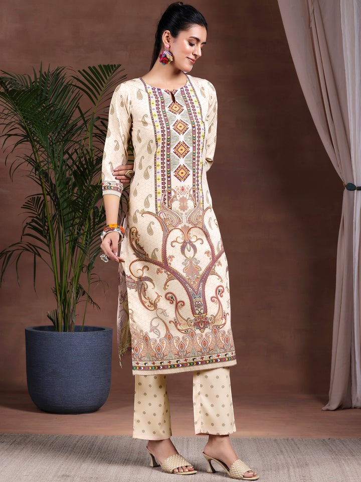 Beige Printed Poly Crepe Straight Kurta Set